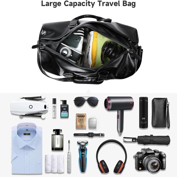 Leather Duffle Travel Gym Bag for Men with Shoe Compartment, 32L PU Leather Week - Picture 6 of 8